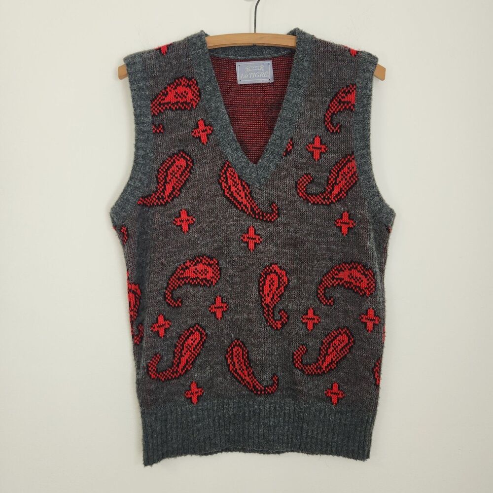 VTG Le Tigre Grey Red Paisley Knit Sweater Vest SMALL Made in USA
